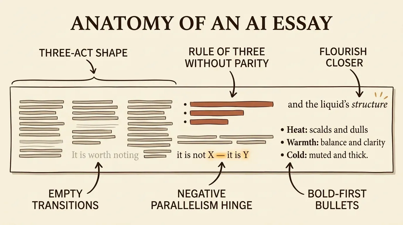 Editorial-cartoon diagram titled Anatomy of an AI Essay. A parchment-style page with six labelled tells arrowed to parts of the essay: three-act shape, rule of three without parity, flourish closer, empty transitions, negative-parallelism hinge, and bold-first bullets.