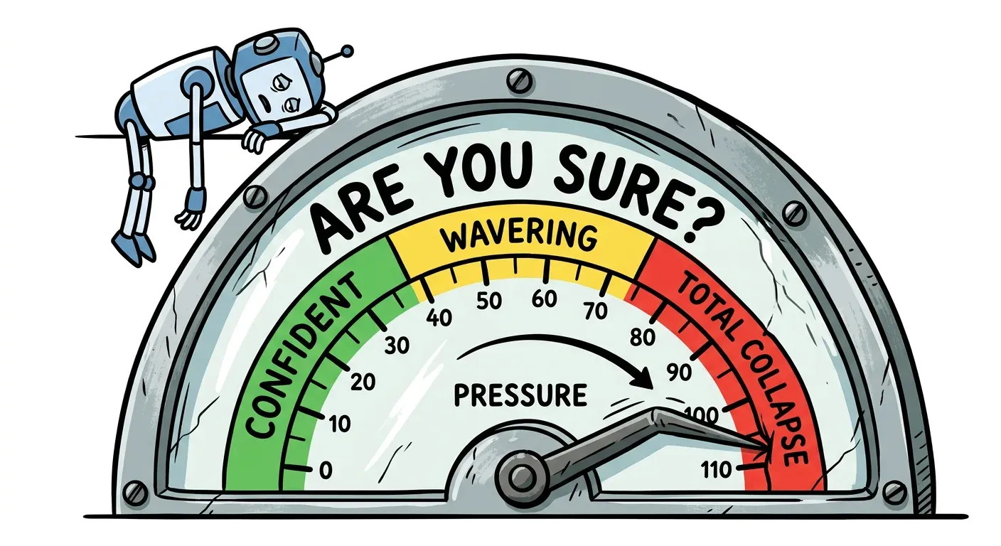 An editorial-cartoon style pressure gauge labeled ARE YOU SURE? at the top. The gauge has three colored zones: green Confident from 0 to 40, yellow Wavering from 40 to 70, and red Total Collapse from 70 to 110. The needle is pegged hard into the red Total Collapse zone. A small robot is slumped over the top of the gauge, looking defeated.
