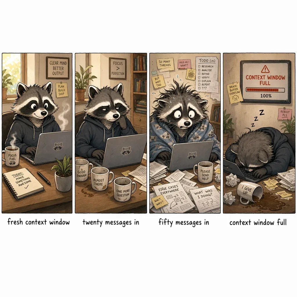 A four-panel comic of the same raccoon at a laptop, growing progressively more disheveled across panels: alert, concerned, exhausted, defeated.