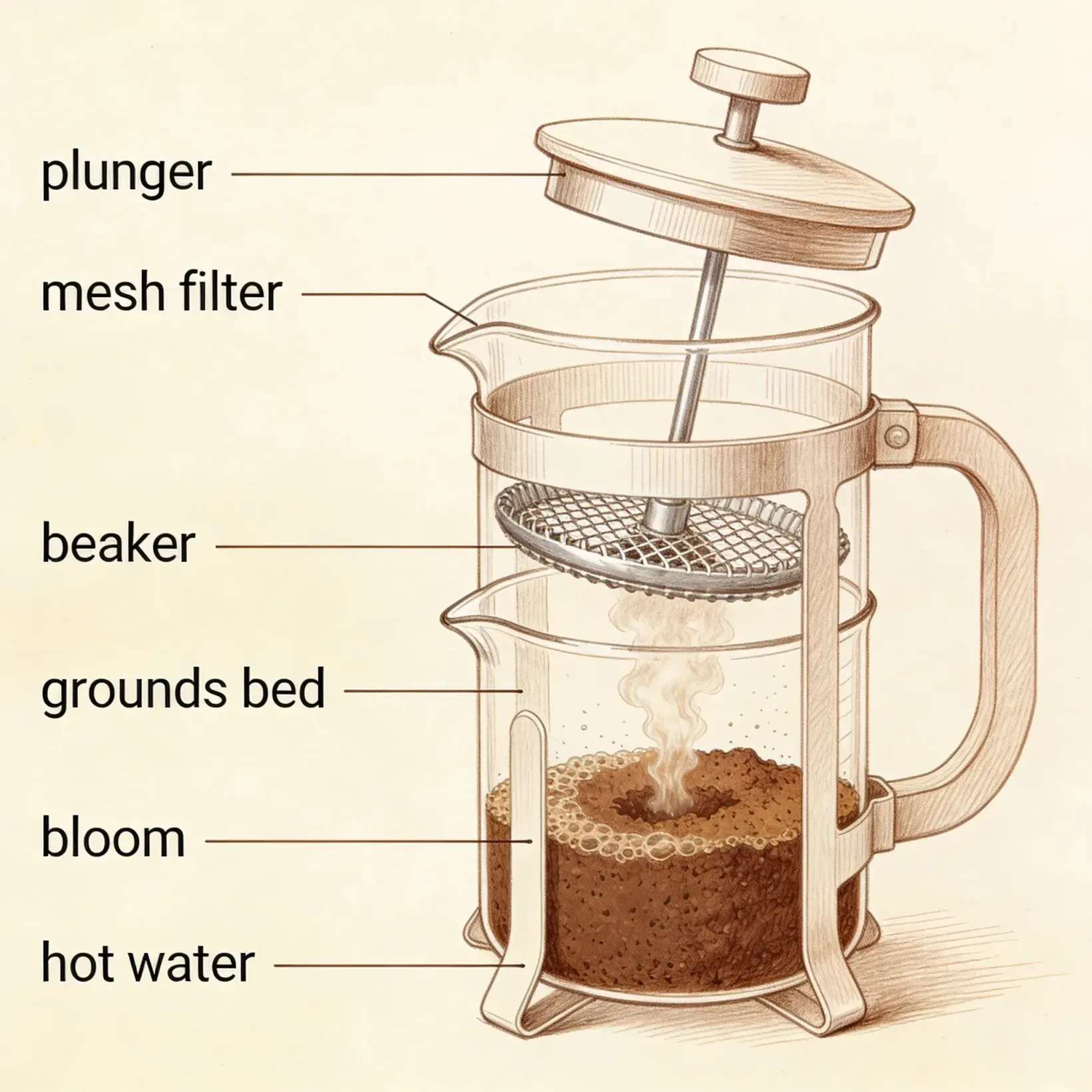 A line-drawing cutaway of a French press with six labeled parts: plunger, mesh filter, beaker, grounds bed, bloom, hot water.