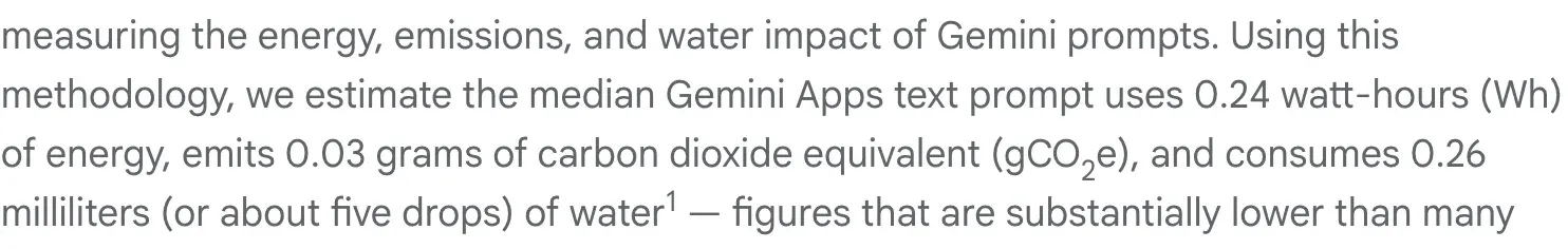 Google Cloud's August 2025 disclosure paragraph: the median Gemini Apps text prompt uses 0.24 watt-hours of energy, emits 0.03 grams of CO2 equivalent, and consumes 0.26 milliliters of water (about five drops). The disclosure notes these figures are substantially lower than many public estimates and the per-prompt energy is equivalent to watching TV for less than nine seconds.