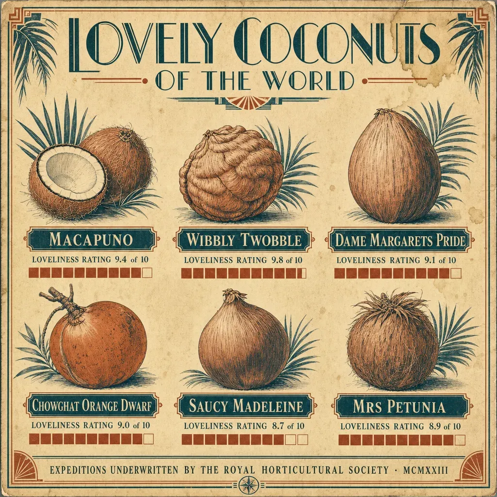 A 1920s art-deco expedition poster titled LOVELY COCONUTS OF THE WORLD, featuring six coconut varieties rendered in a three-color print of cream, teal, and terracotta. Each variety appears with its name, an illustrated coconut, a loveliness rating from 8.7 to 9.8, and a small horizontal bar visualization of that rating.