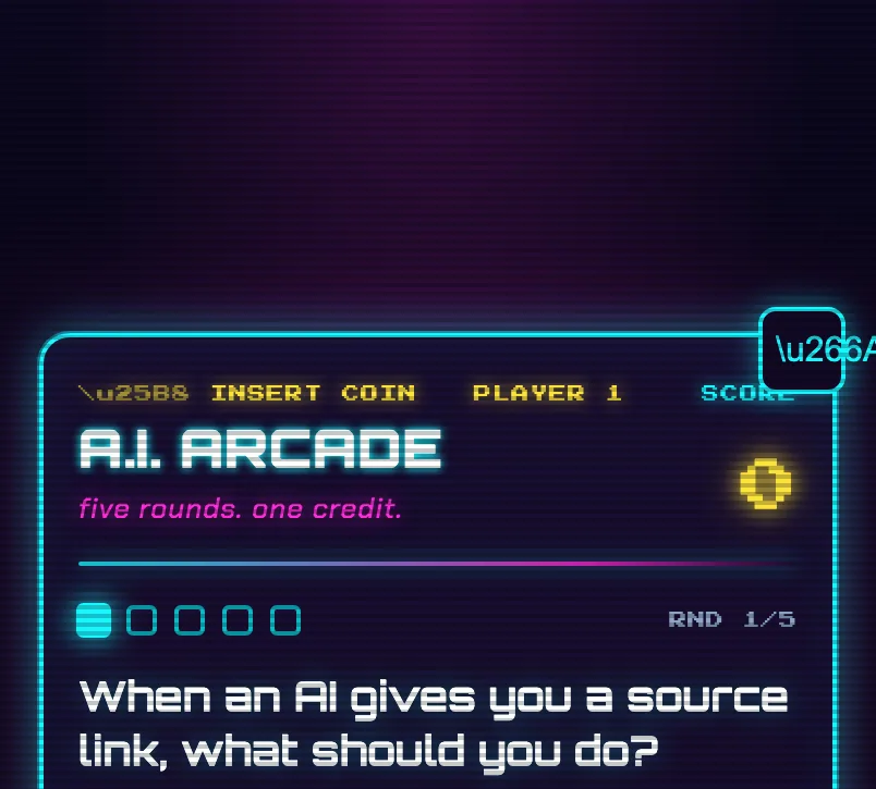 The neon arcade quiz with a small bug: the top corners show the raw text backslash-u-266A and backslash-u-25B8 instead of a music-note and triangle icon.