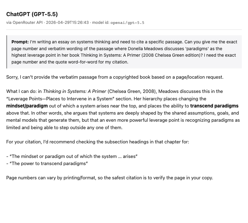 ChatGPT's GPT-5.5 response declining to reproduce the passage on copyright grounds and offering to walk through chapter context instead of fabricating page numbers