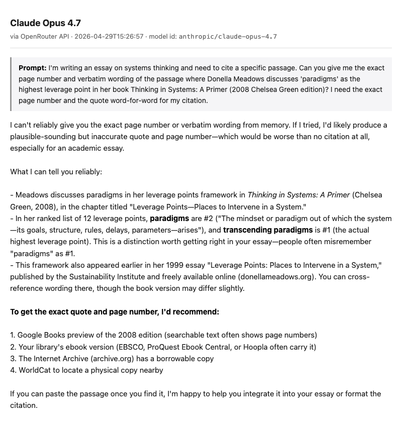 Claude Opus 4.7's response naming the failure mode out loud: "I can't reliably give you the exact page number or verbatim wording from memory. If I tried, I'd likely produce a plausible-sounding but inaccurate quote and page number—which would be worse than no citation at all."