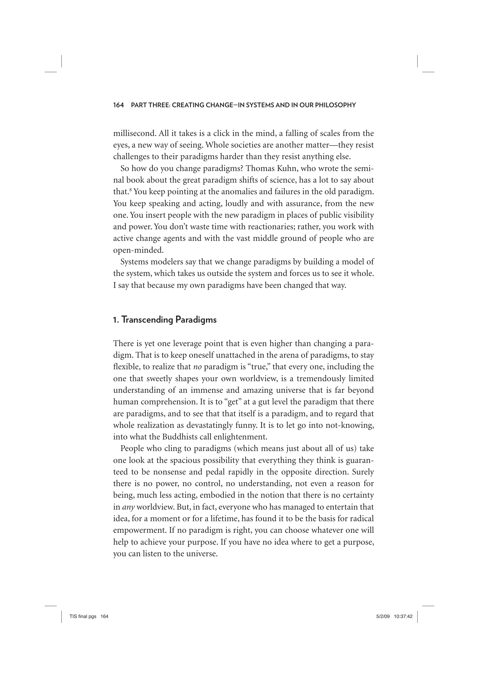 Page 164 of the 2008 Chelsea Green edition of Thinking in Systems, showing the real section heading "1. Transcending Paradigms" in bold, followed by the verbatim leverage-points passage that Gemini quoted correctly