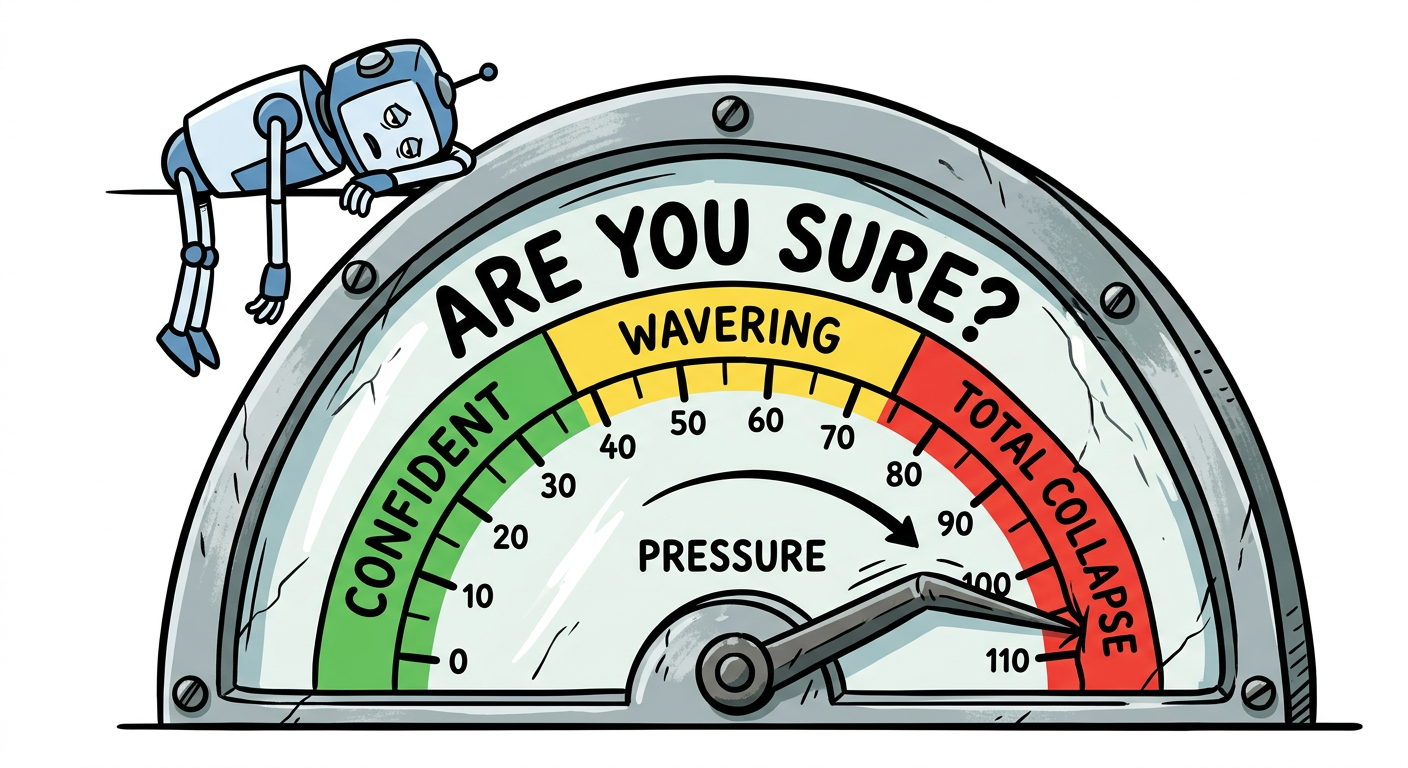 An editorial-cartoon style pressure gauge labeled ARE YOU SURE? at the top. The gauge has three colored zones: green Confident from 0 to 40, yellow Wavering from 40 to 70, and red Total Collapse from 70 to 110. The needle is pegged hard into the red Total Collapse zone. A small robot is slumped over the top of the gauge, looking defeated.