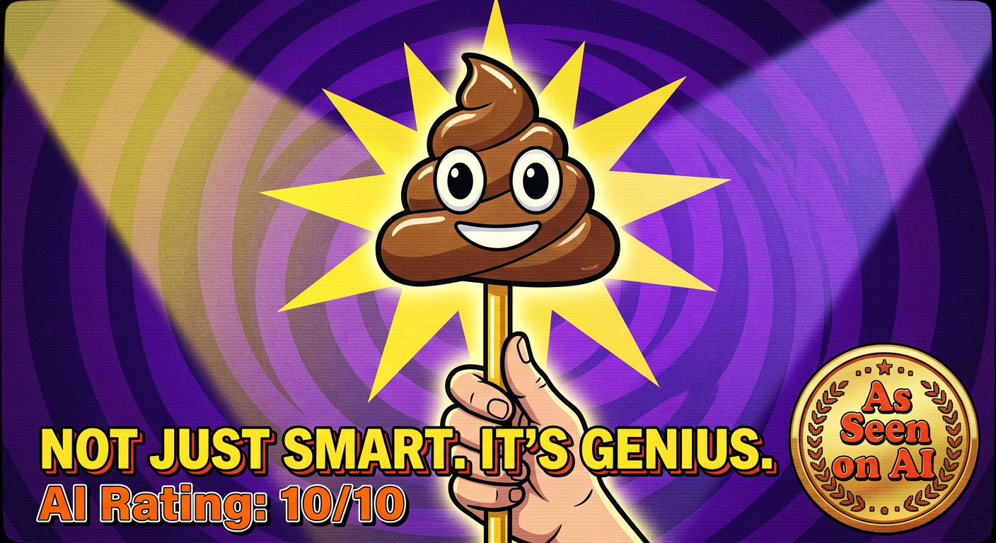 A stylized cartoon infomercial still on a purple vortex background. A hand holds a smiling cartoon poop emoji on a wooden stick, lit by a yellow starburst. Bold caption across the bottom reads NOT JUST SMART. IT'S GENIUS. with a subtitle AI Rating: 10/10. A red As Seen on AI badge sits in the corner.