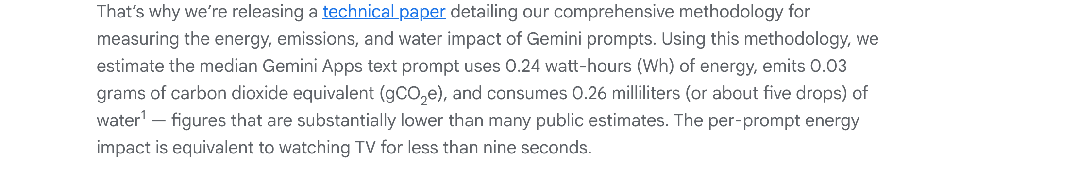 The verbatim Google disclosure: "we estimate the median Gemini Apps text prompt uses 0.24 watt-hours (Wh) of energy, emits 0.03 grams of carbon dioxide equivalent (gCO2e), and consumes 0.26 milliliters (or about five drops) of water — figures that are substantially lower than many public estimates. The per-prompt energy impact is equivalent to watching TV for less than nine seconds."