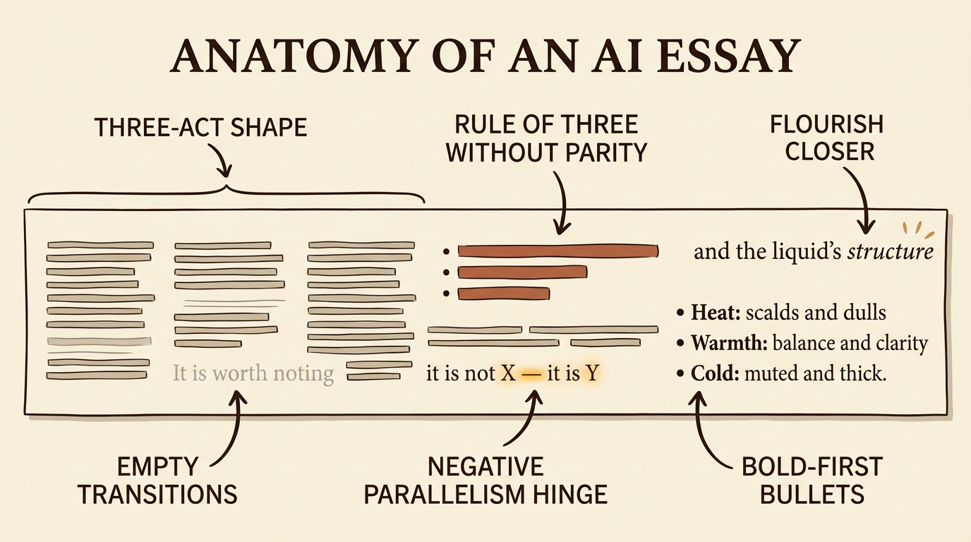 Editorial-cartoon anatomy diagram of a typical AI-generated essay drawn as a horizontal scroll of paragraph blocks. Six labels with arrows: along the top, THREE-ACT SHAPE bracketing the whole essay, RULE OF THREE WITHOUT PARITY pointing at three bulleted items where one is much fatter than the others, FLOURISH CLOSER pointing at the italic word 'thermodynamics' with three small sparkle marks above it; along the bottom, EMPTY TRANSITIONS pointing at the phrase 'It is worth noting' rendered in pale gray to indicate filler, NEGATIVE PARALLELISM HINGE pointing at a sentence with a glowing amber em dash separating 'it is not X' from 'it is Y', BOLD-FIRST BULLETS pointing at three definition-style bullet items each starting with a bolded term followed by a colon. Title at top reads ANATOMY OF AN AI ESSAY. Hand-drawn editorial-cartoon style on cream parchment with sepia, rust, and amber accents.