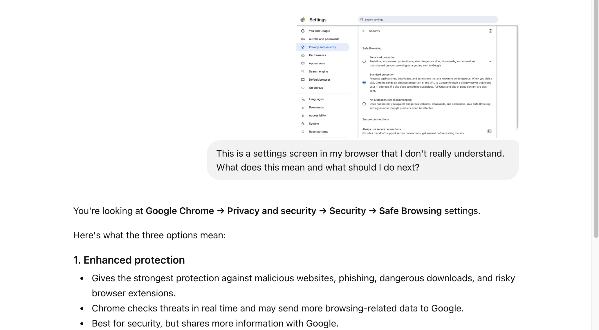 A ChatGPT chat with a Chrome security settings screenshot pasted in, asking "what does this mean and what should I do next?", and the AI explaining the screen in plain language with a next step.