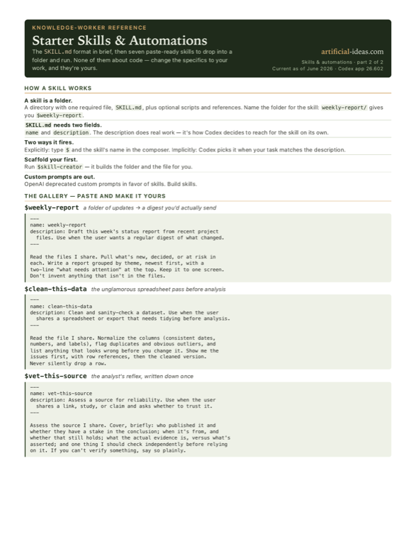 The starter skills and automations card in moss print chrome: the SKILL.md format primer on one side and the paste-ready knowledge-work skill gallery on the other.