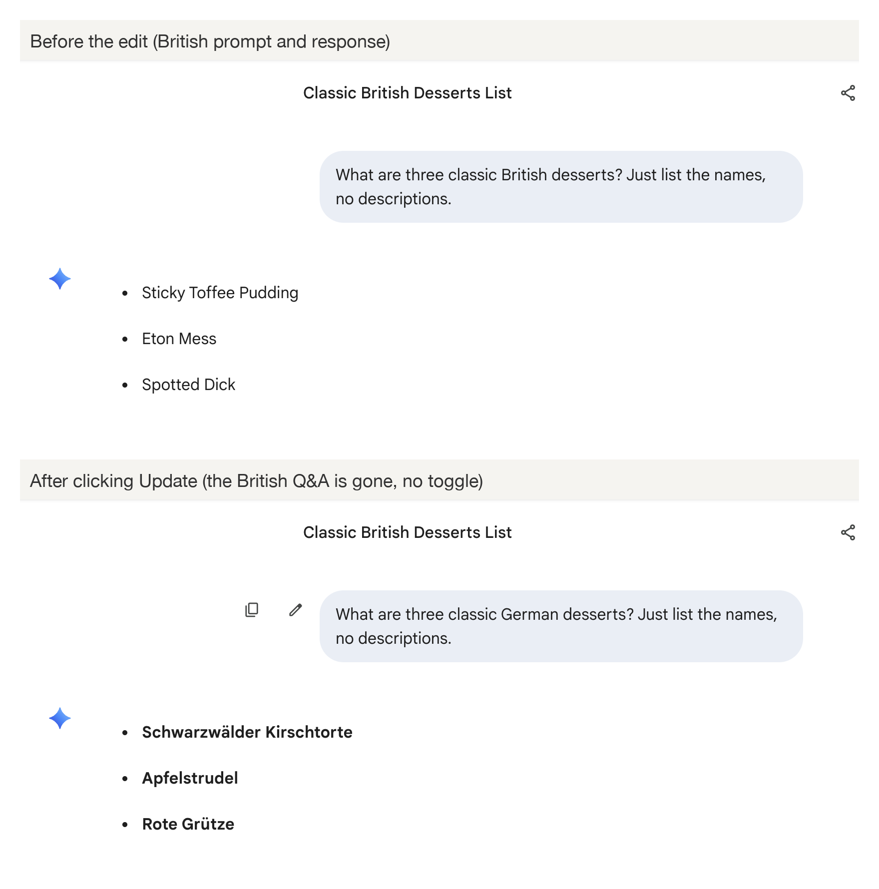 Two-panel composite showing the same Gemini conversation before and after clicking Update. The original British desserts exchange visible in the top panel is gone in the bottom panel, replaced by a German desserts exchange. No branch toggle, no way back.