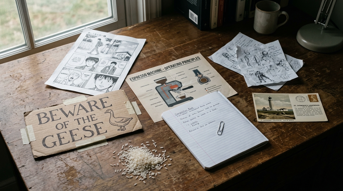 A still life on a wooden desk: a printed manga page, a hand-lettered BEWARE OF THE GEESE cardboard sign, a creased espresso machine infographic, sketch pages, a paperclip on a notebook, a lighthouse postcard, and a small pile of rice. Every thread of this article physically present on one cluttered desk.