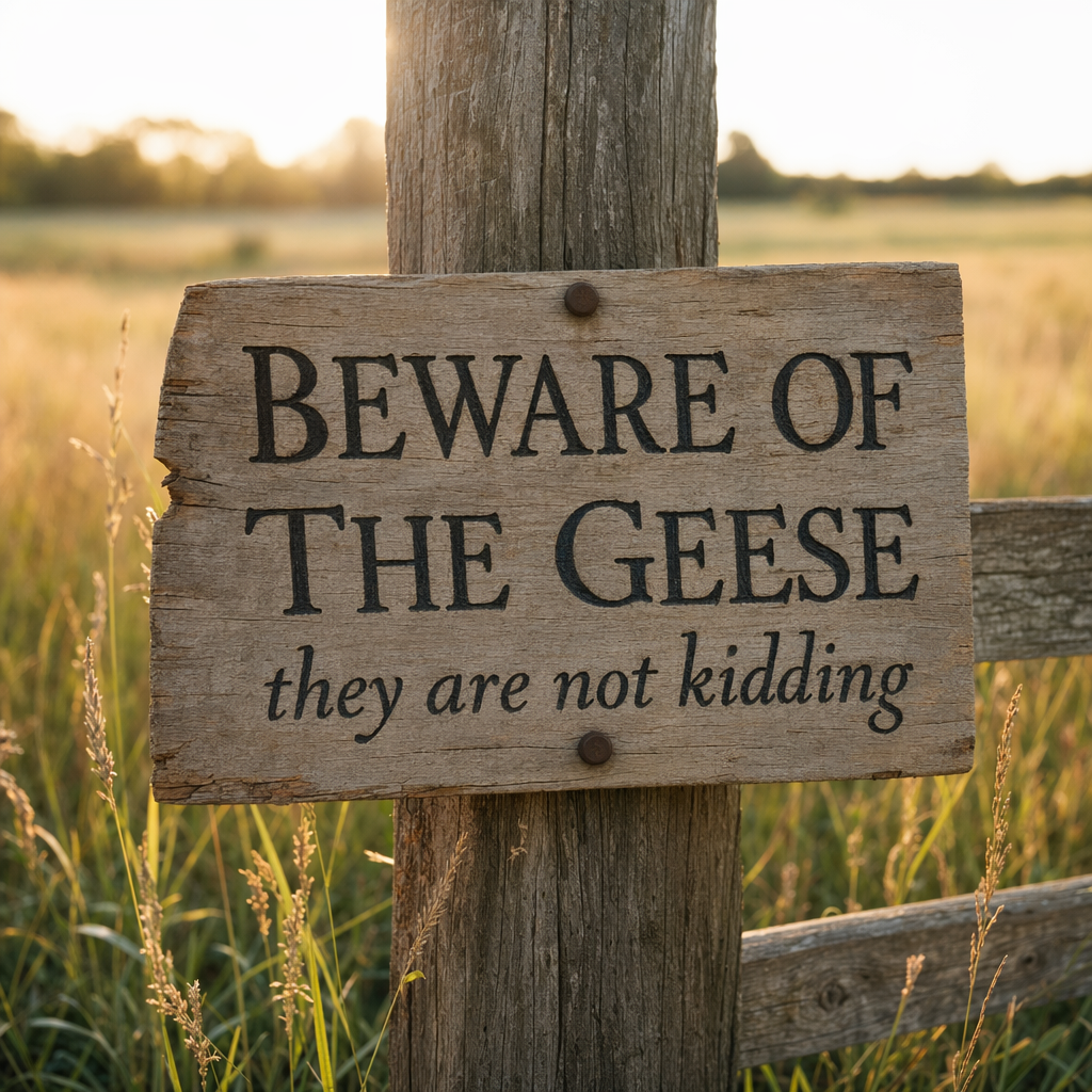 A weathered cardboard sign in a grass field reading 'BEWARE OF THE GEESE' in serif capitals, with two geese in the background staring at the camera.