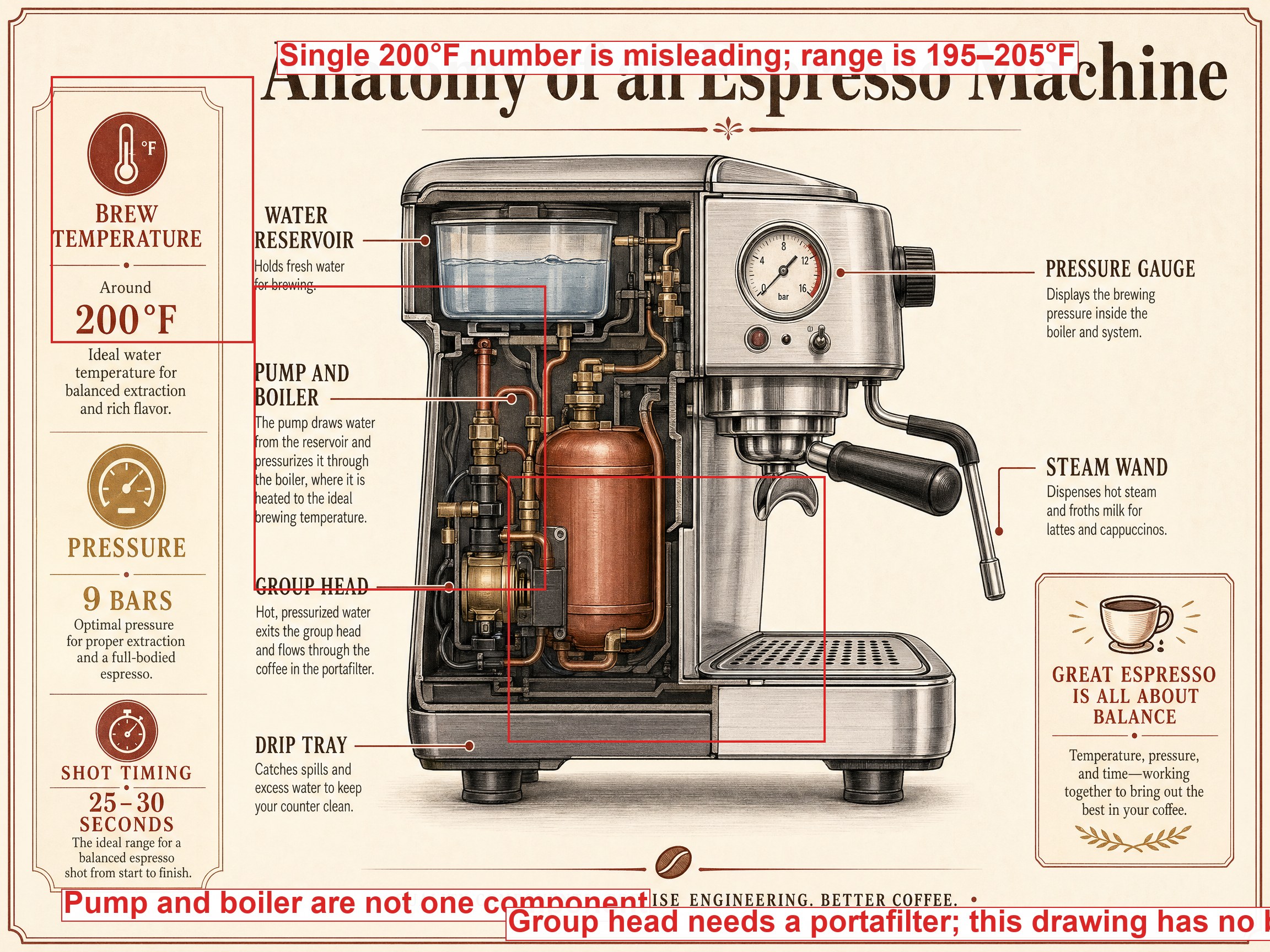 A generated 'Anatomy of an Espresso Machine' infographic with three red annotation boxes overlaid on factual errors: a single 200°F number that should be a range, a 'pump and boiler' shown as one component when they're separate, and a group head missing the portafilter basket.