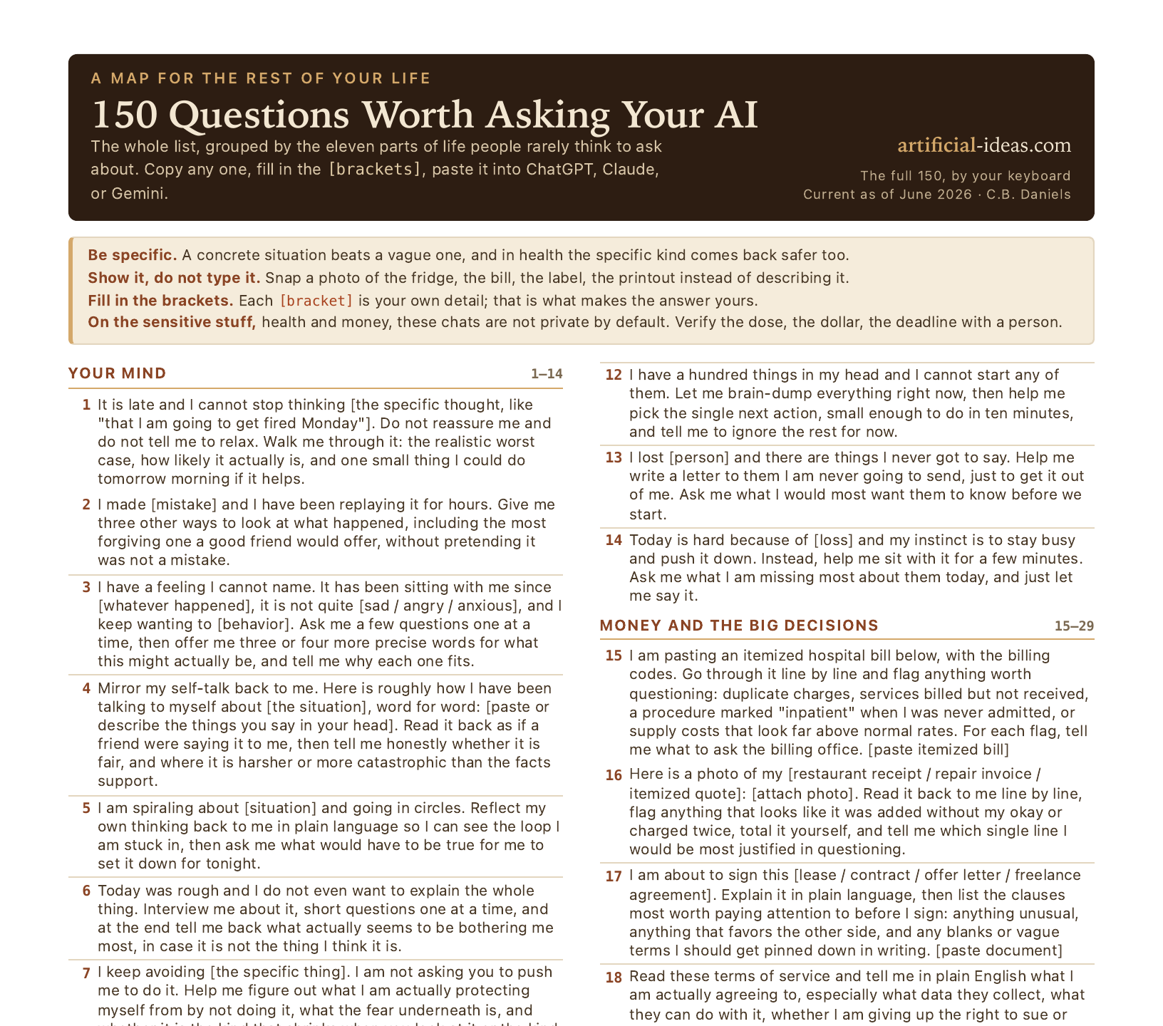 The sand-palette 150-questions cheat sheet: the whole list in two columns across the eleven life sections, mind and money through health to the big questions, each numbered with its fill-in [brackets].